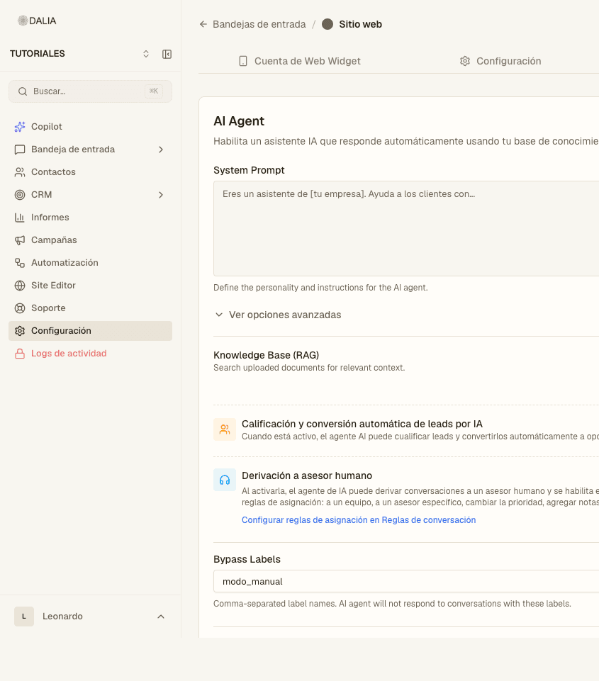 AI agent tab with the system prompt, knowledge base and advisor handoff