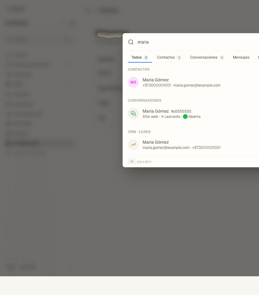 Buscador abierto con resultados de un contacto, una conversación y un lead