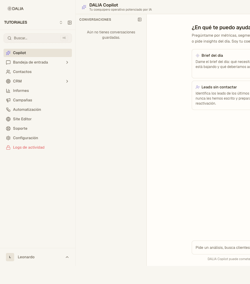 Copilot start screen with Daily brief and Uncontacted leads cards