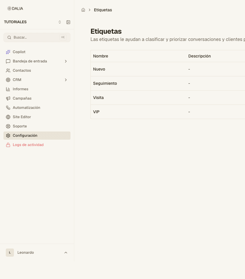 Labels screen in Settings