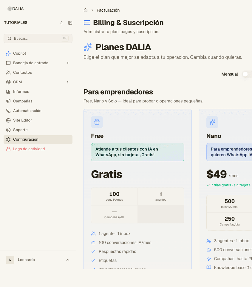 Billing & subscription screen with the Monthly plan selector and the Free and Nano cards