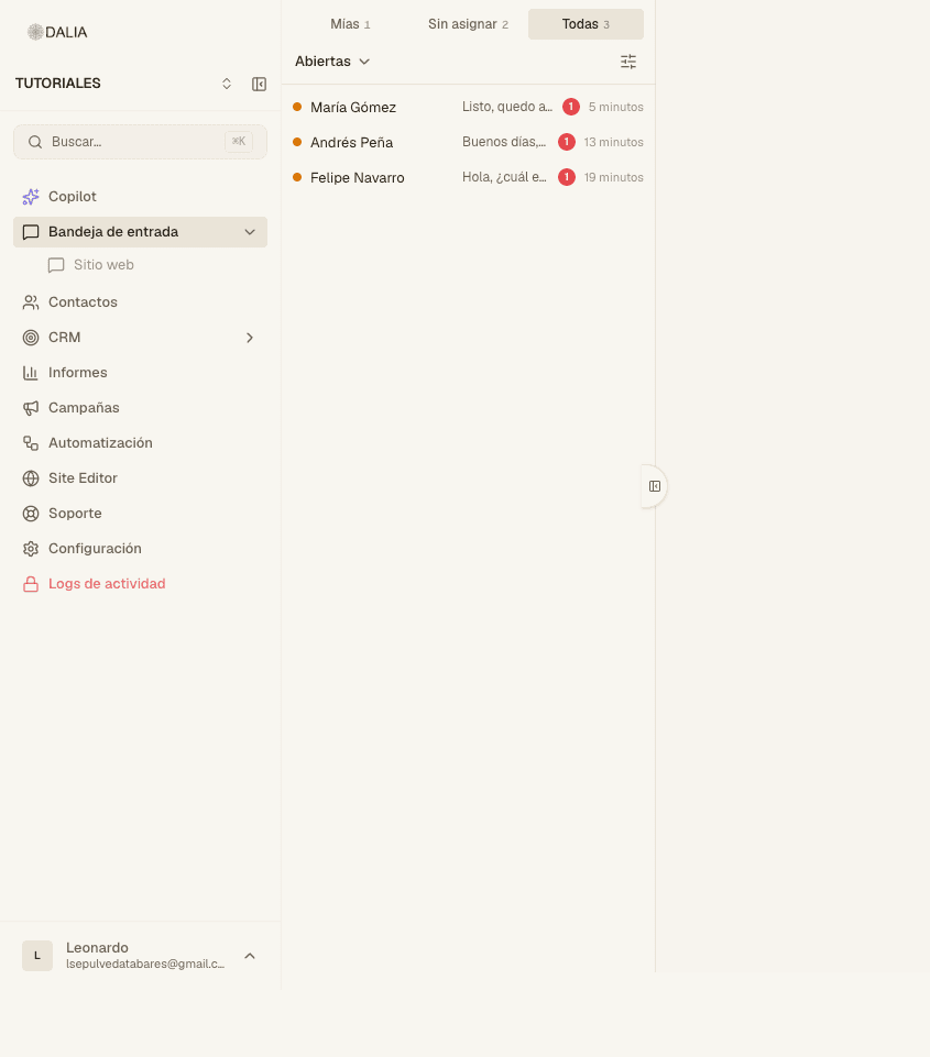 DALIA menu with Inbox open and the Website line