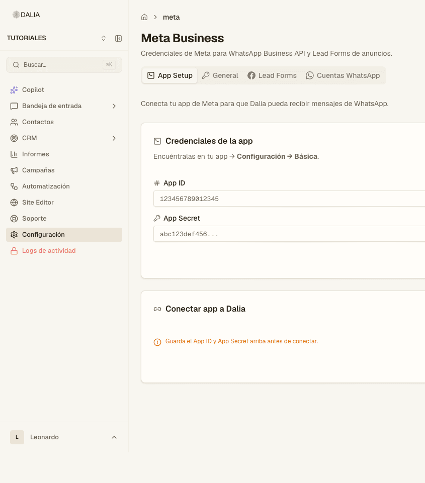 Meta Business, App setup tab, with App ID and App Secret empty