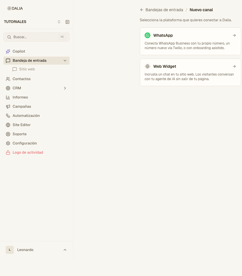 New channel screen with the WhatsApp and Web widget cards