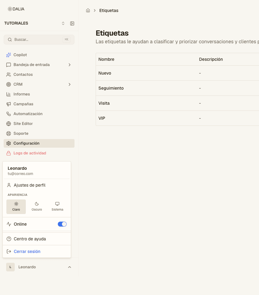 User menu with profile settings and appearance