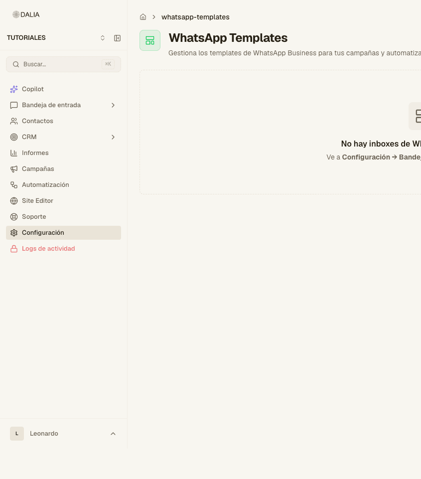 WhatsApp templates screen when there's no WhatsApp inbox yet