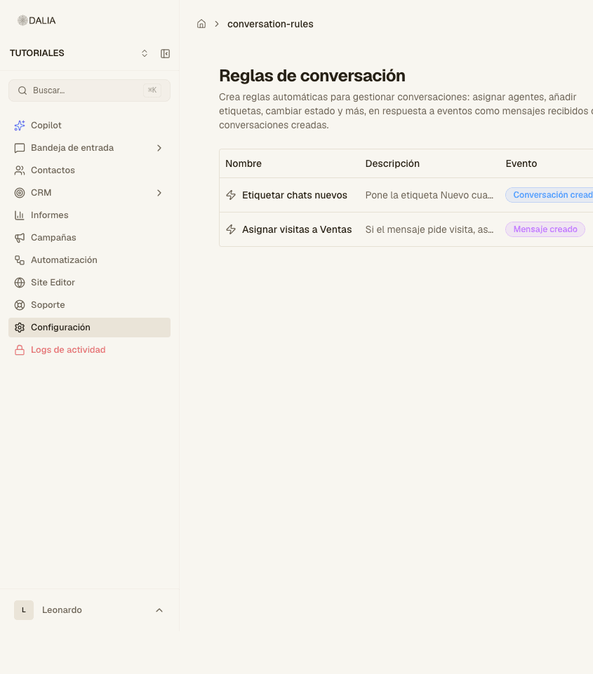 Lista de reglas de conversación con evento y resumen