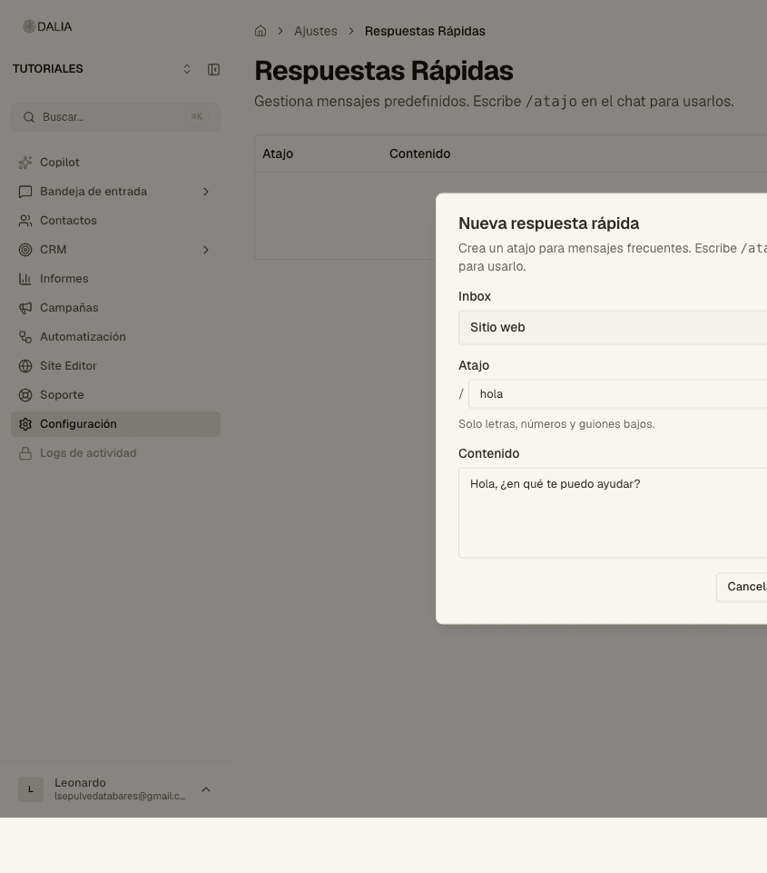 Formulario Nueva respuesta rápida con atajo hola y el texto del saludo