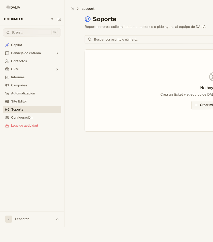 Empty Support screen with the button to create the first ticket
