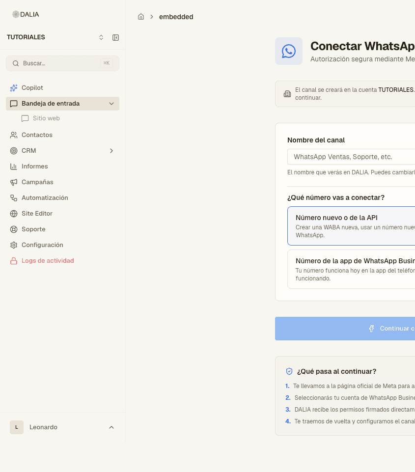 Connect WhatsApp form with the channel name and Continue with Facebook